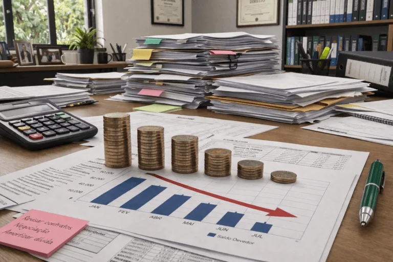 Mesa com documentos e materiais de organização financeira