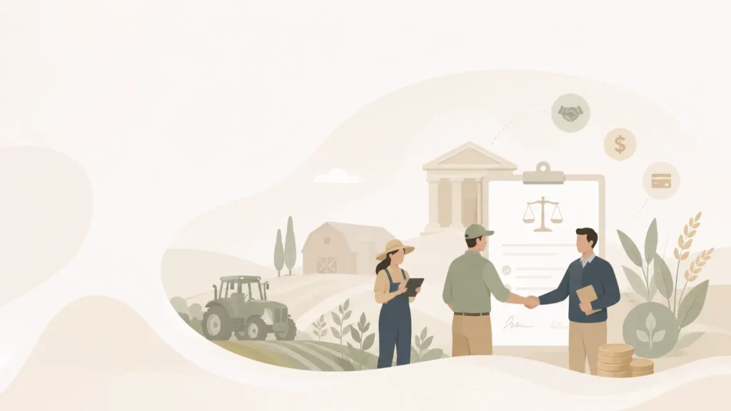 Ilustração de produtor rural em conversa sobre financiamento e contratos