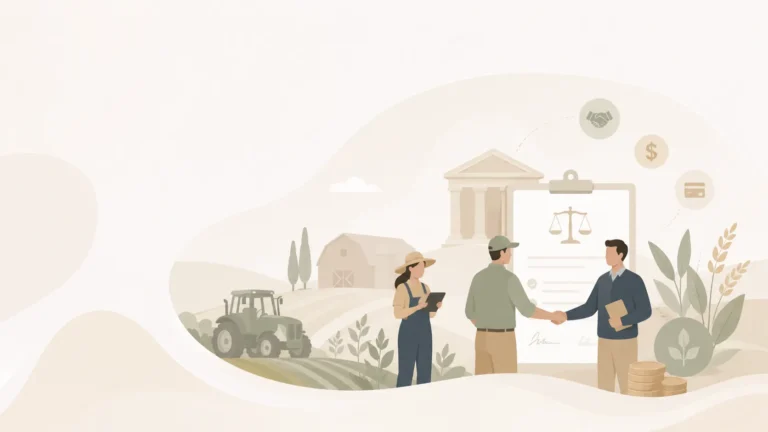 Ilustração de produtor rural em conversa sobre financiamento e contratos