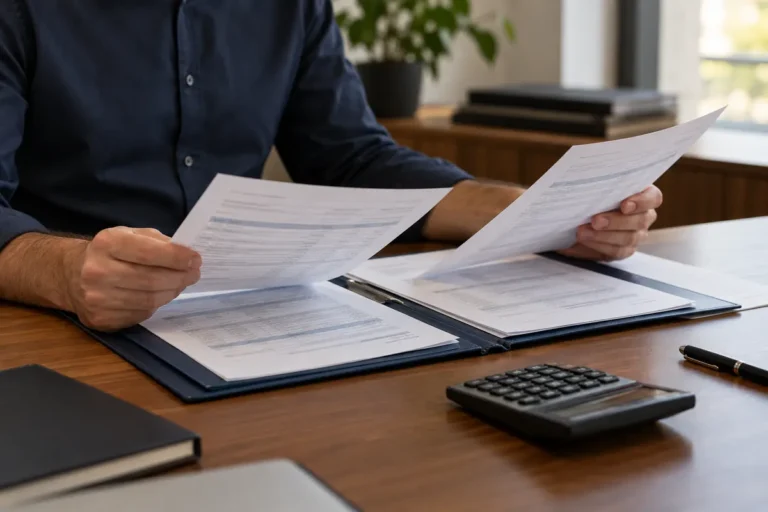 Análise de documentos e cálculos de uma cobrança tributária sobre uma mesa de trabalho