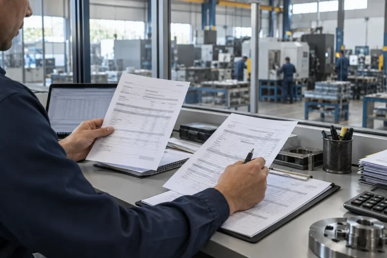 Profissional compara documentos fiscais e registros de produção em uma empresa industrial