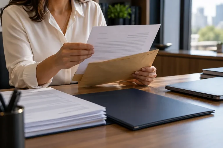 Leitura de uma comunicação recebida em envelope, com documentos organizados sobre a mesa